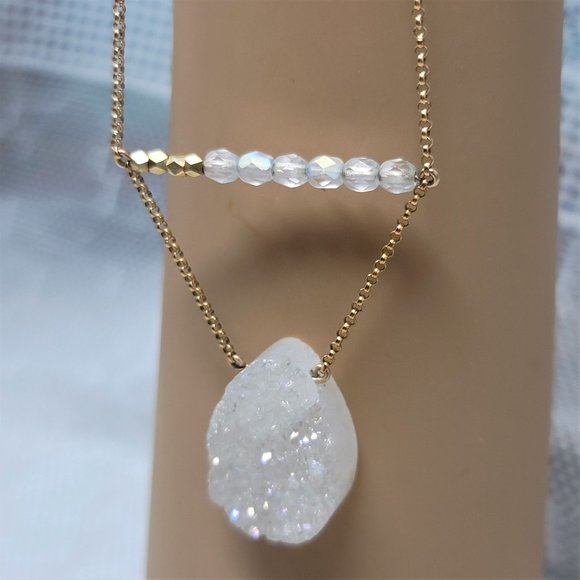 Glittery White Druze Necklace Gold tone - Picture 7 of 10